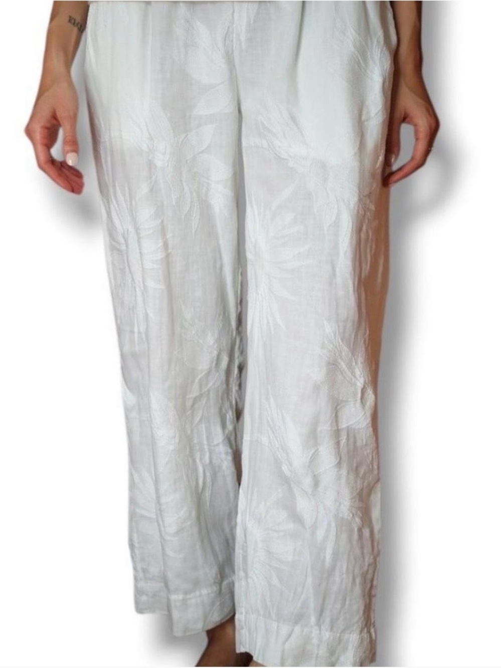 Joie White Embroidered Wide-Leg Linen Pants